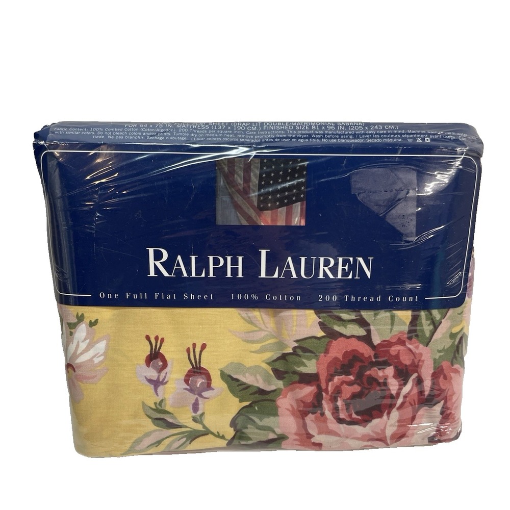 New Vtg Ralph Lauren Brooke Floral Yellow Full Flat Sheet 200 Count Cotton NIP